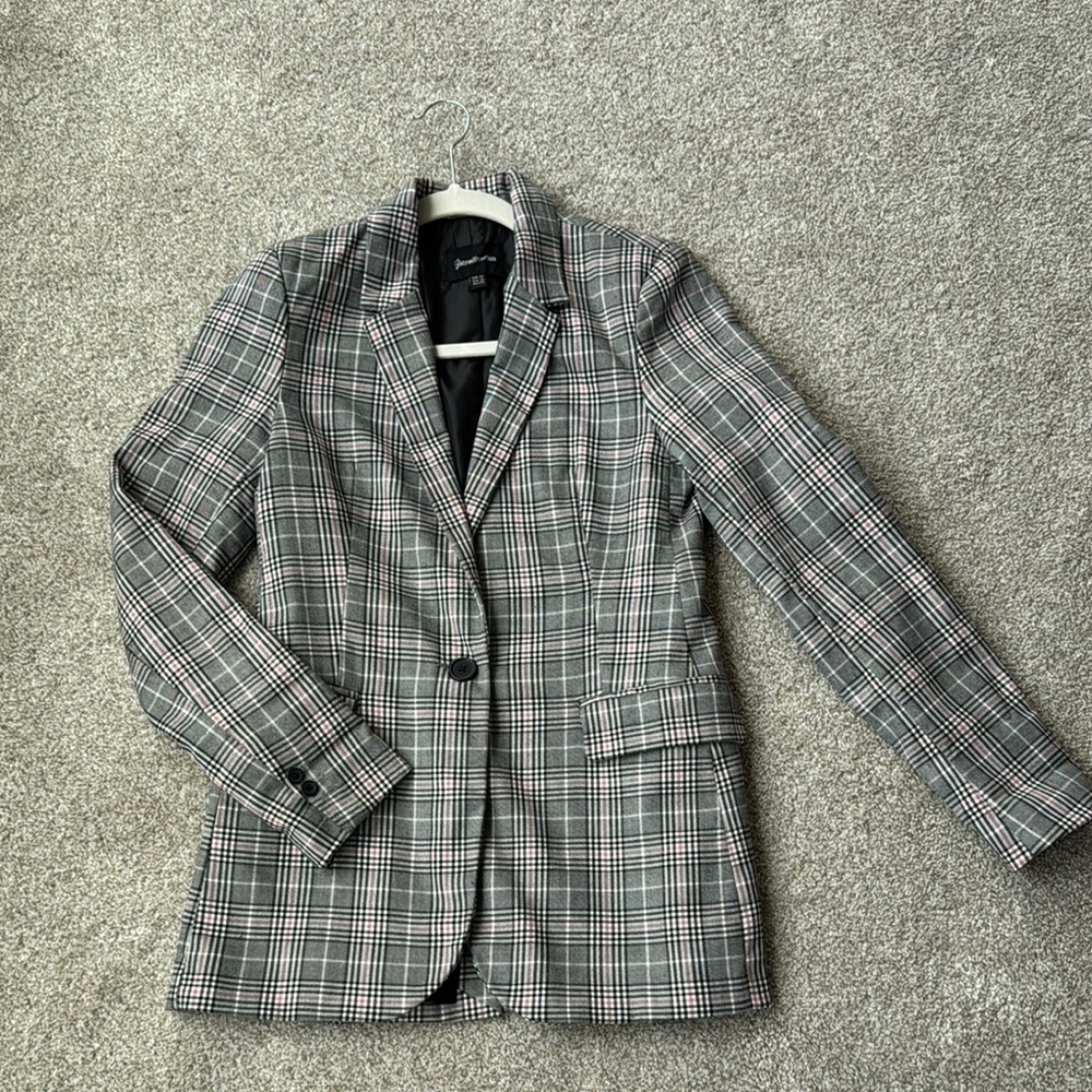 Stradivarius Black and Pink Checkered Blazer
